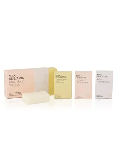 Max Benjamin soap trio gift set with individual bar soaps displayed beside the box.